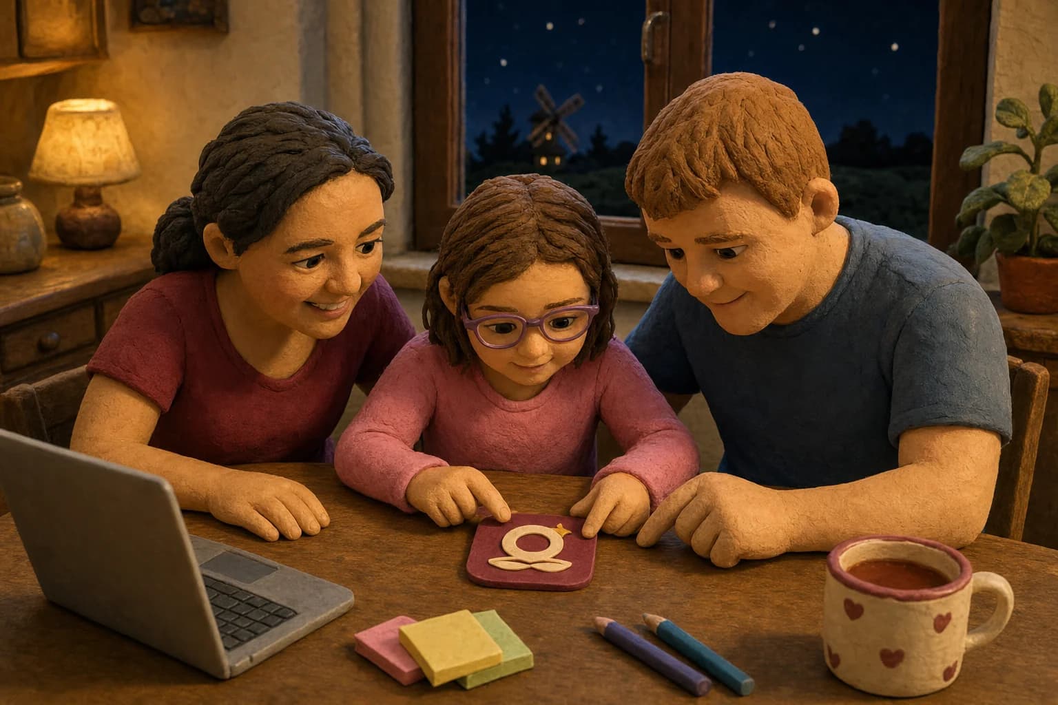 Martin, Andrea, and Emma working on the Onceling logo at a cosy studio table (Claymation style), with a cat watching from the window.
